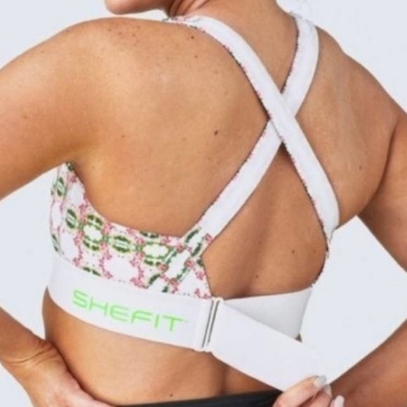 SHEFIT Flex Sports Bra White Pink Green Geometric Floral Print Size Smalll NWT - Picture 3 of 16